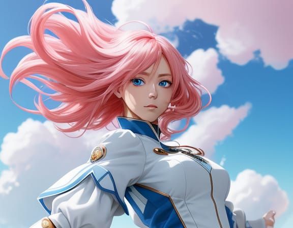Vibrant Anime Heroine Defies the Sky in a Deep Blue Realm