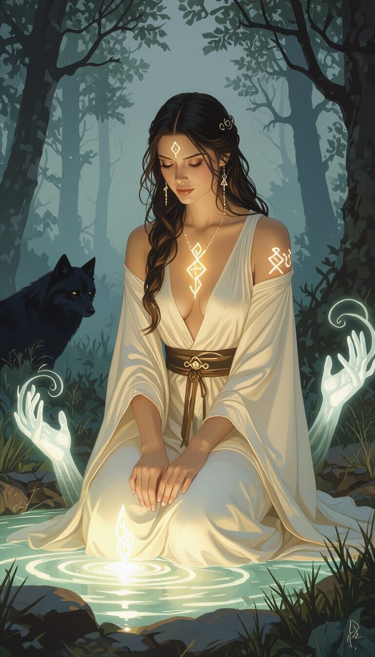 Nordic Woman with Runes by Glowing Spring in Ethereal Style