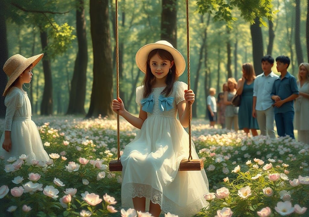 Girl with Swing in Blossom Forest: Oil Painting