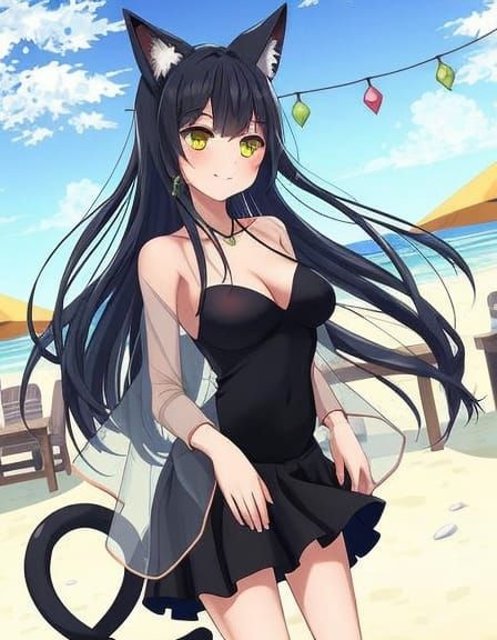 Anime Girl with Cat Features at Beach Bar