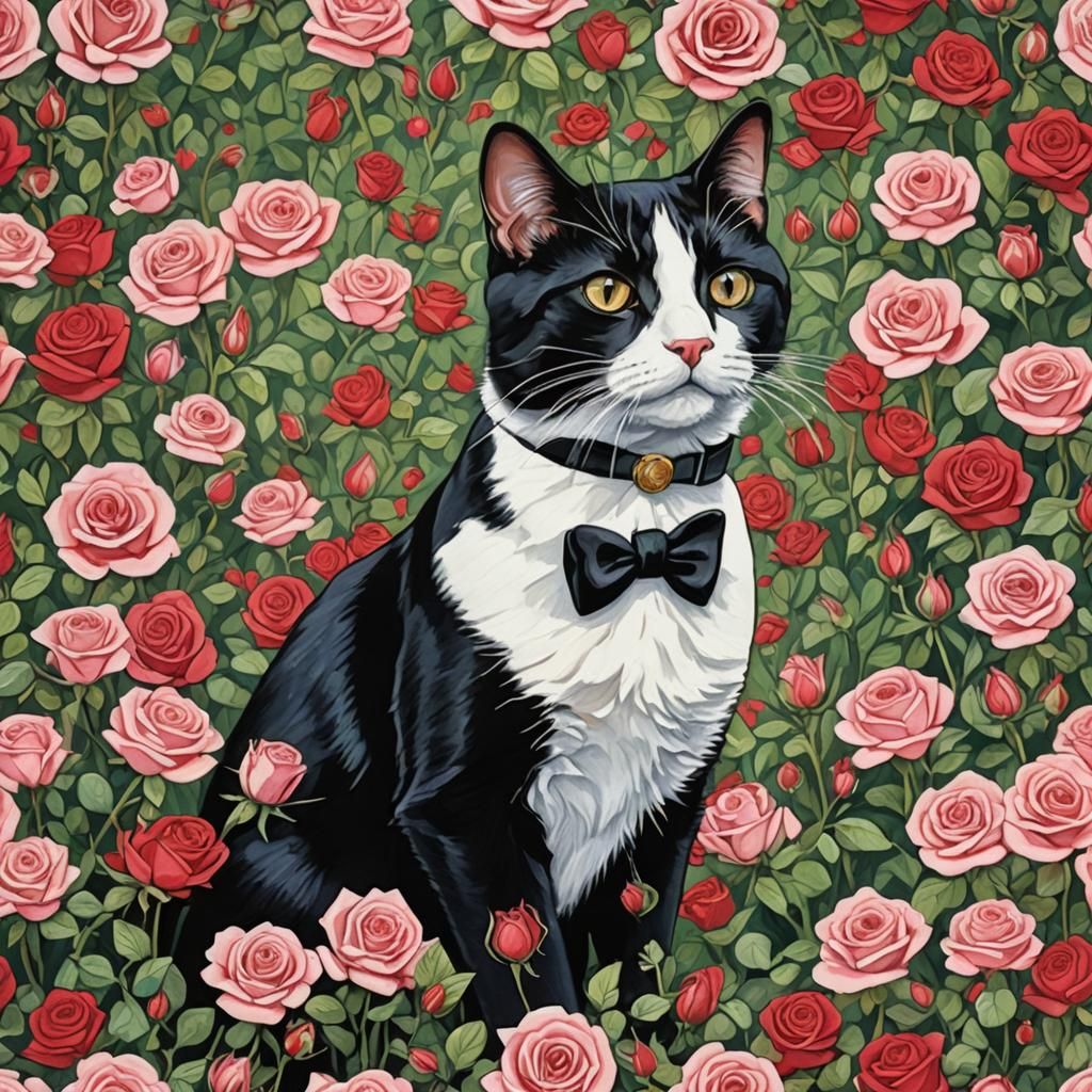 Tuxedo Cat in Roses: Pop Art Gouache Painting