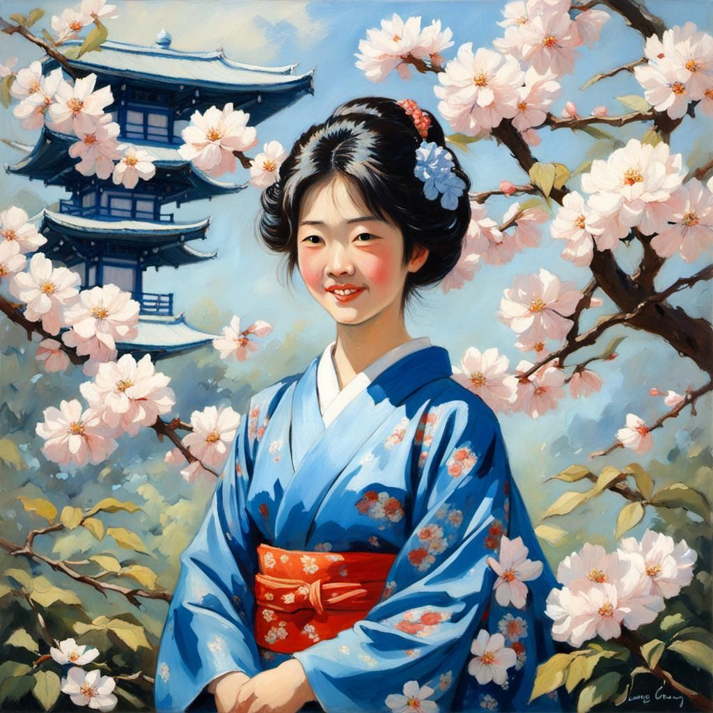 Japanese Woman in Cherry Garden, Oil Painting