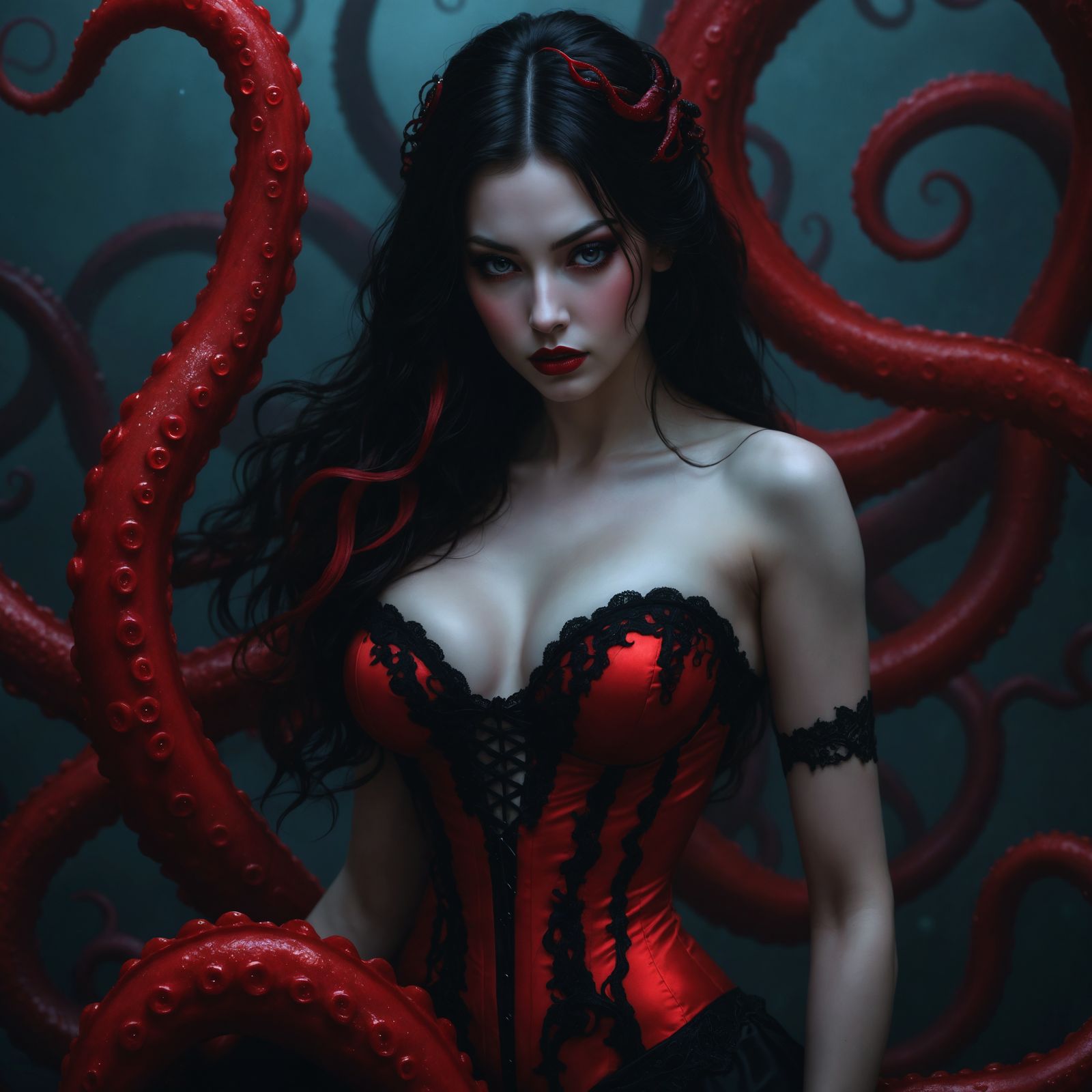 Fantasy Woman Entwined by Vivid Red Octopus Tentacles