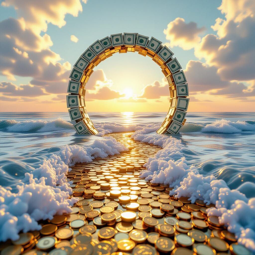 Surreal Money Landscape with Cascading Coins and Banknote Ar...