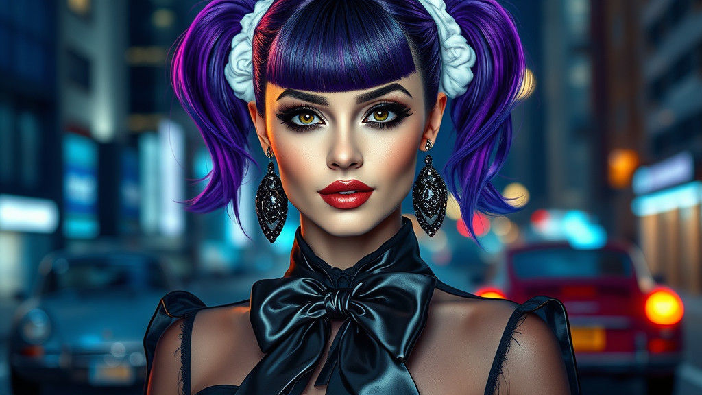 Goth Model Portrait in Urban Nightscape, Hyperdetailed 8K