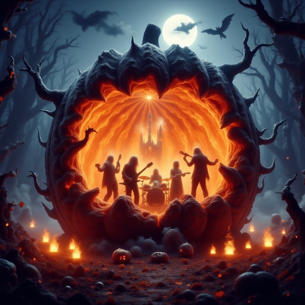 Fiery Rock Band Performs Inside Giant Glowing Pumpkin