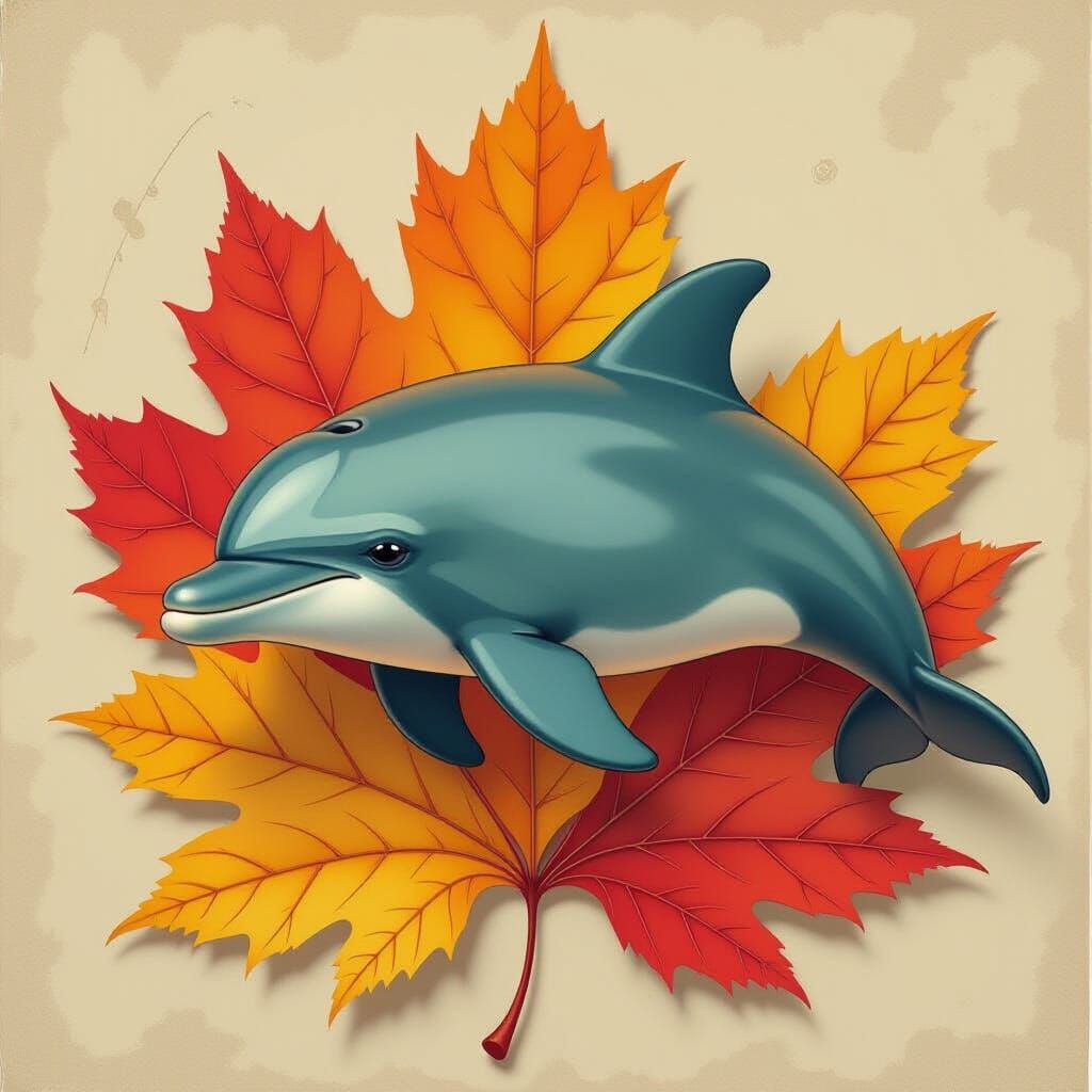 Dolphin Head on Autumn Leaf in Watercolor Style