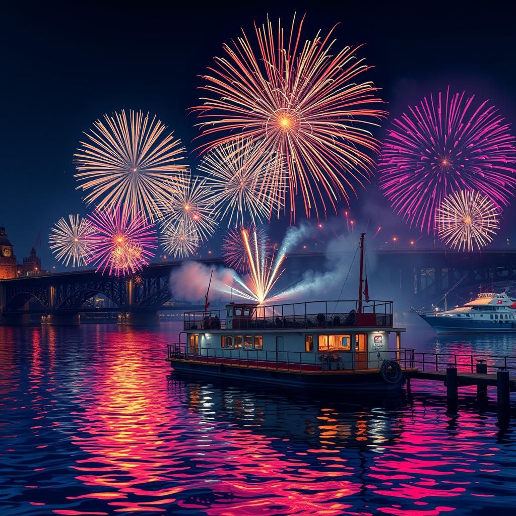 Fireworks Display over River in Abstract Fractal Style