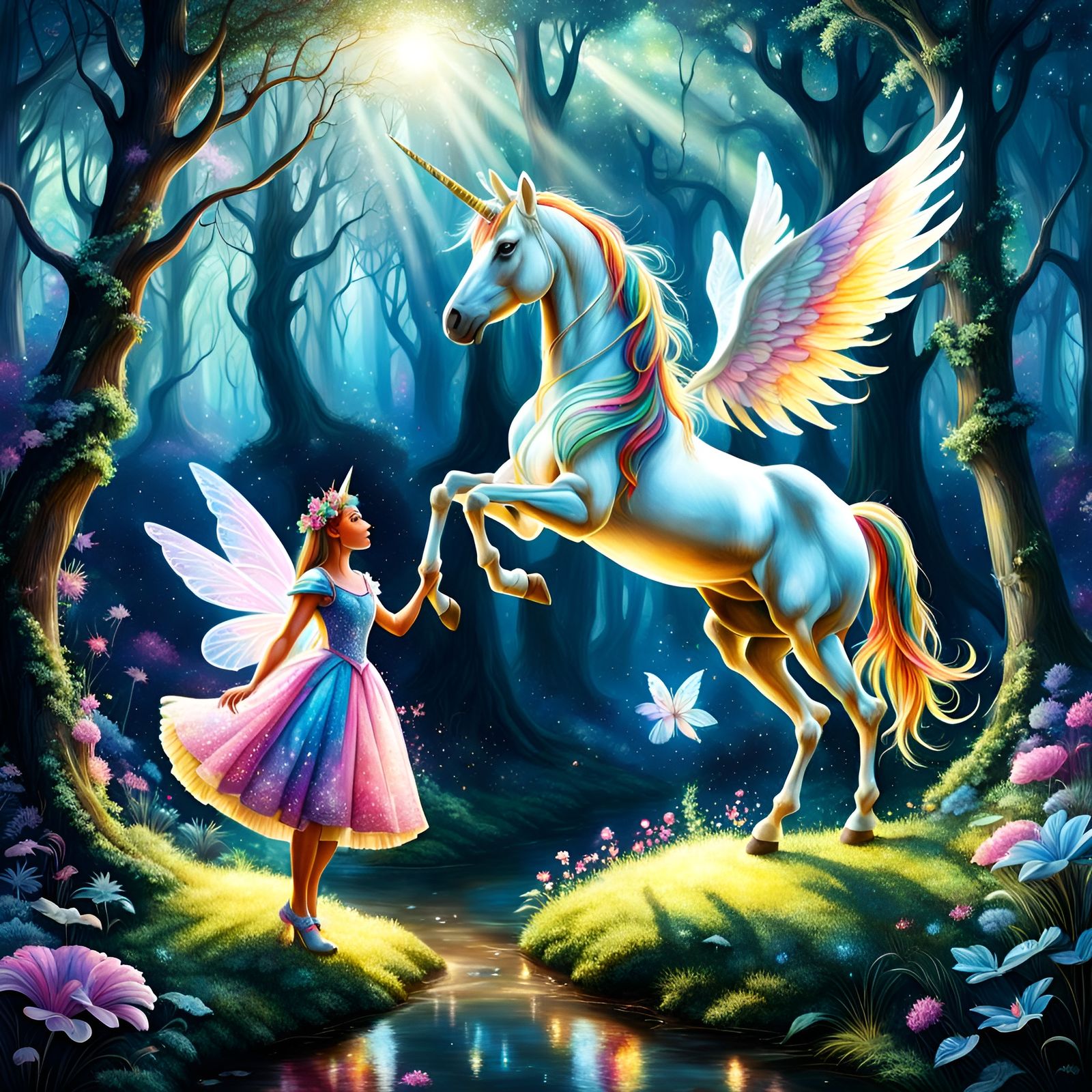 Unicorn and fairy in enchanted forest, hyperdetailed hyperre...
