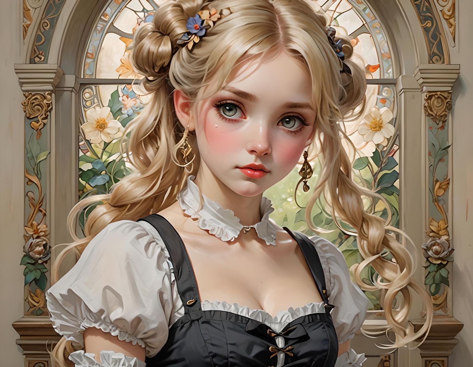 Charming Blonde Maid in Impressionist Style Portrait