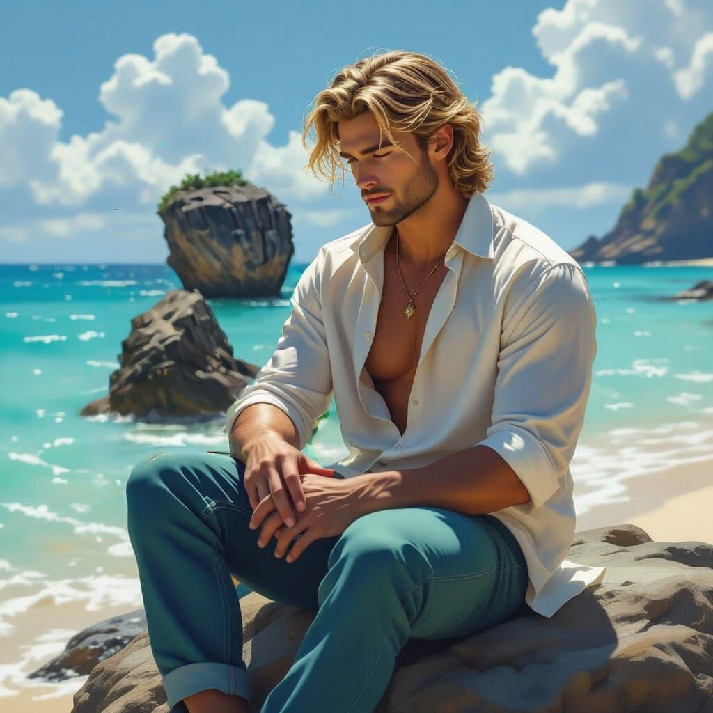 Blond Man Portrait on Tropical Shore as Digital Art