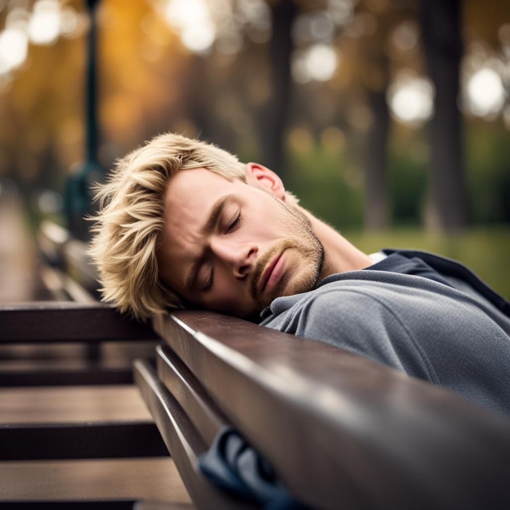 Cute blond guy sleeping on a park bench