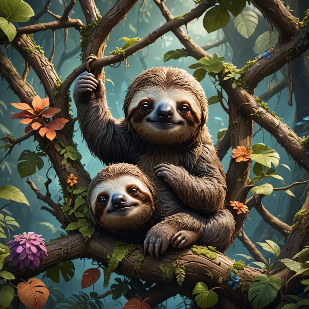Cute Sloth in Detailed Fantasy Painting