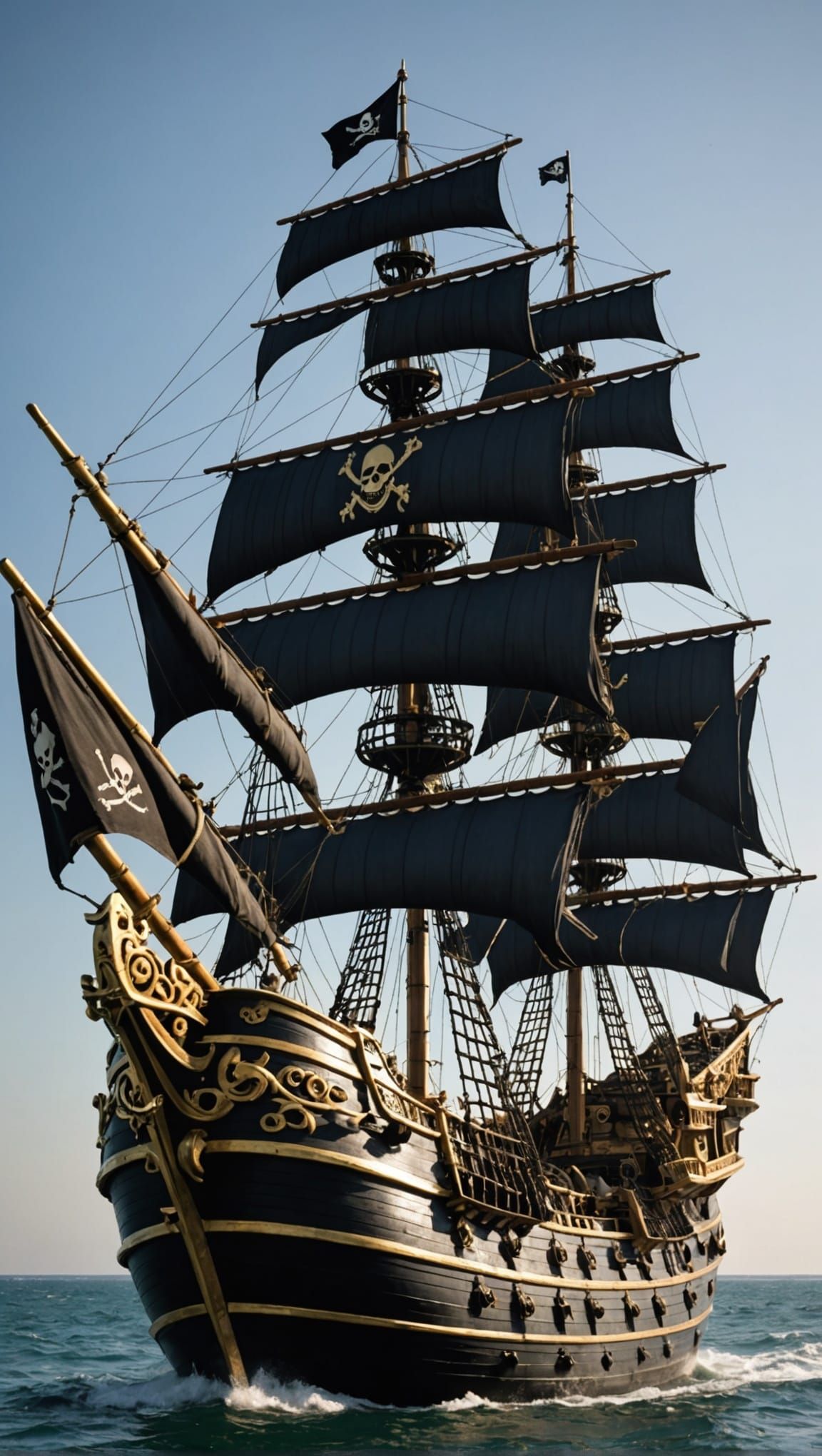 Pirate Ship with Black Sails and Gold Trim