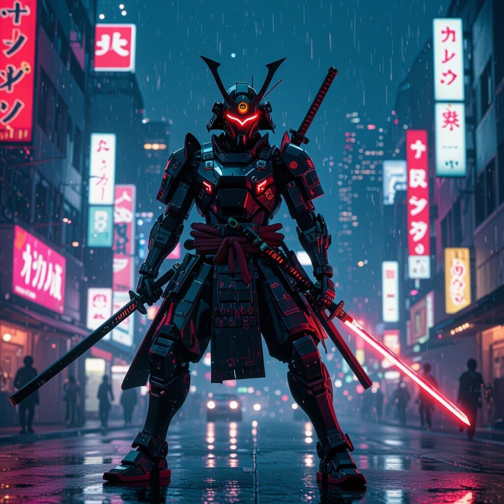 Cyberpunk Mech Samurai with Glowing Katana in Neon Tokyo