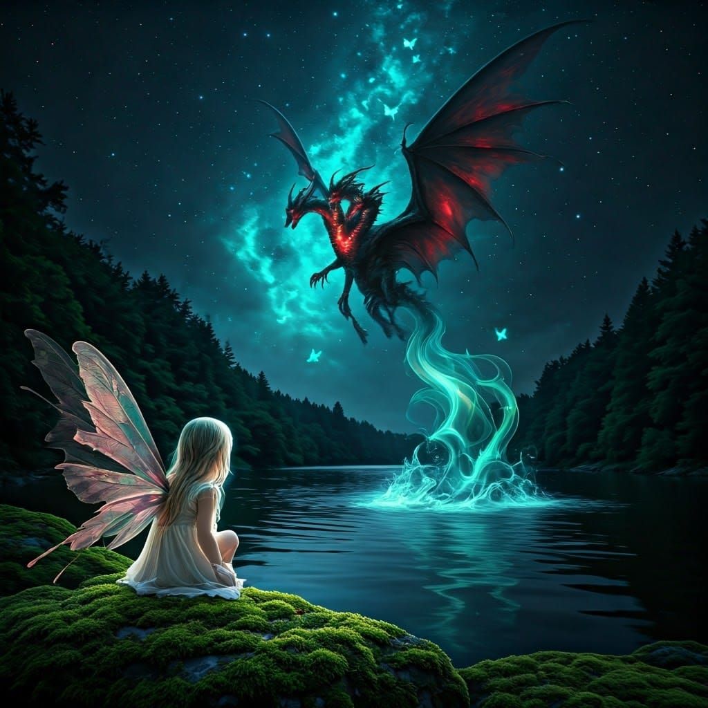 Fairy's Fear: Dragon Emerges Under Starry Sky