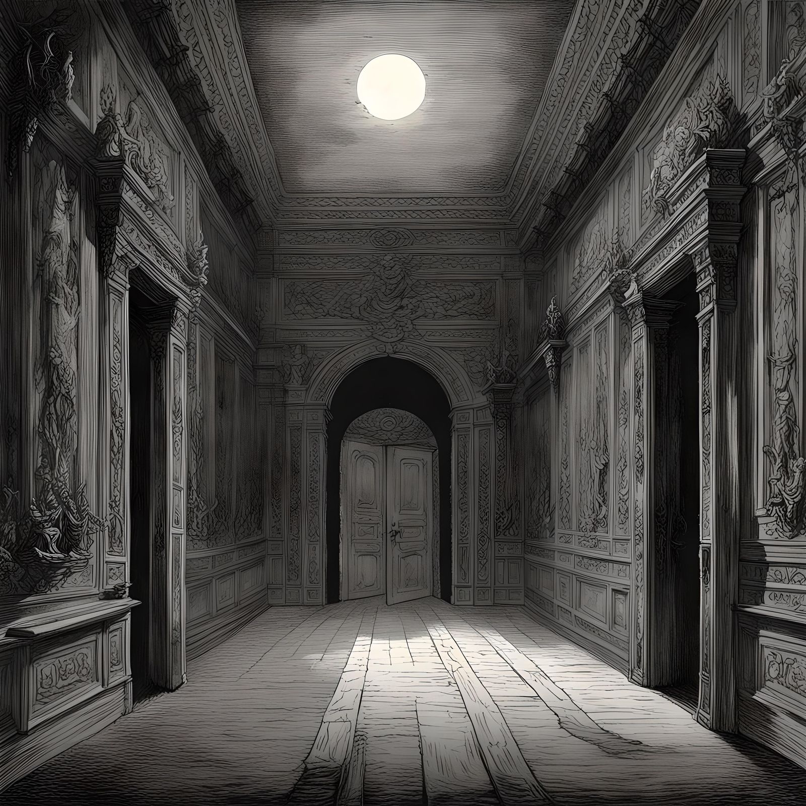 Unending Hallway of Doors in Horror Illustration Style