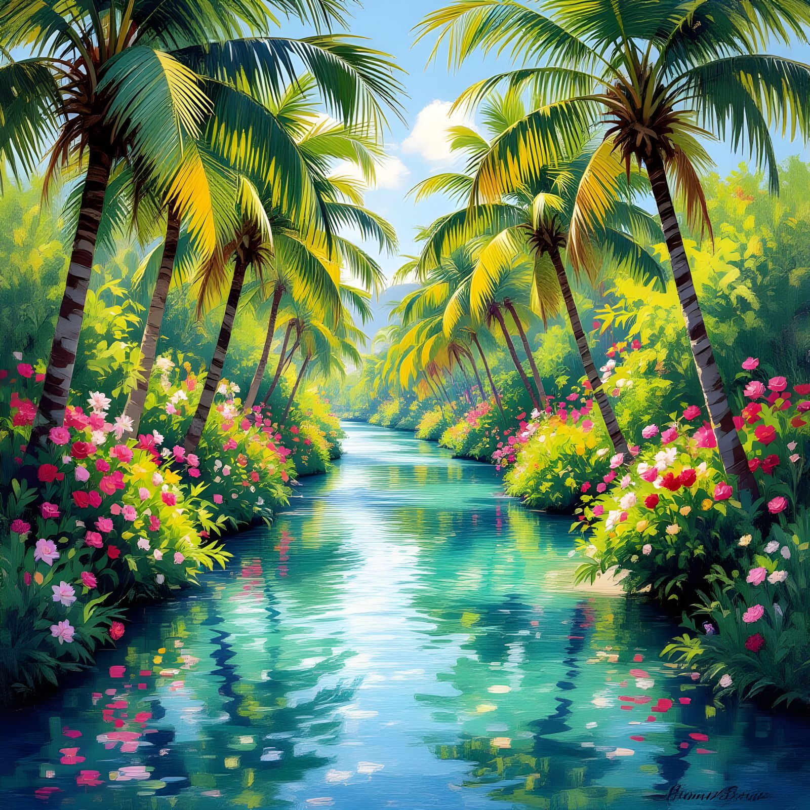 Spring Forest Stream with Palm Trees and Blooming Flowers