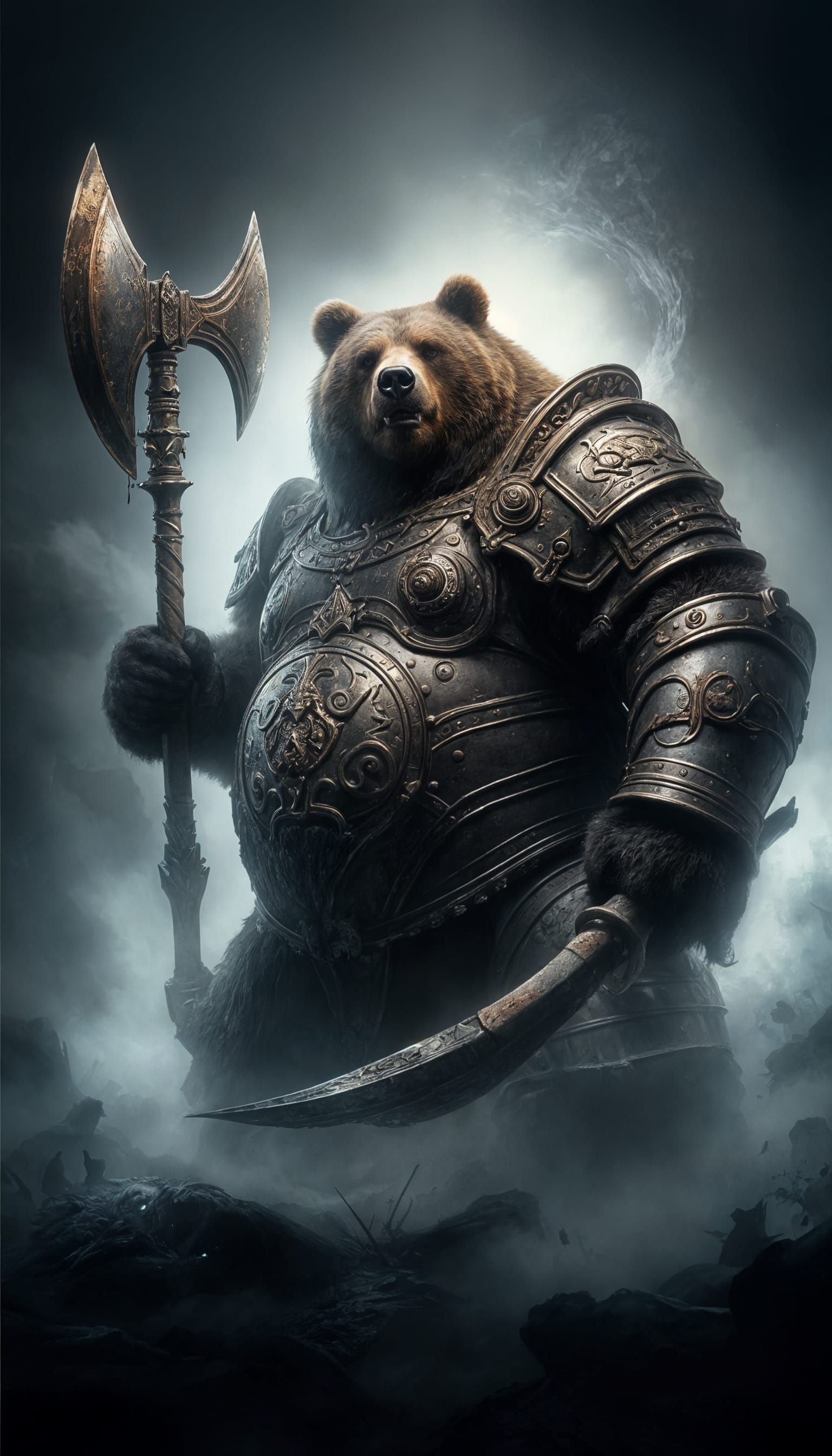 Victorian Armored Kodiak Bear with Battle Axe on Foggy Battl...