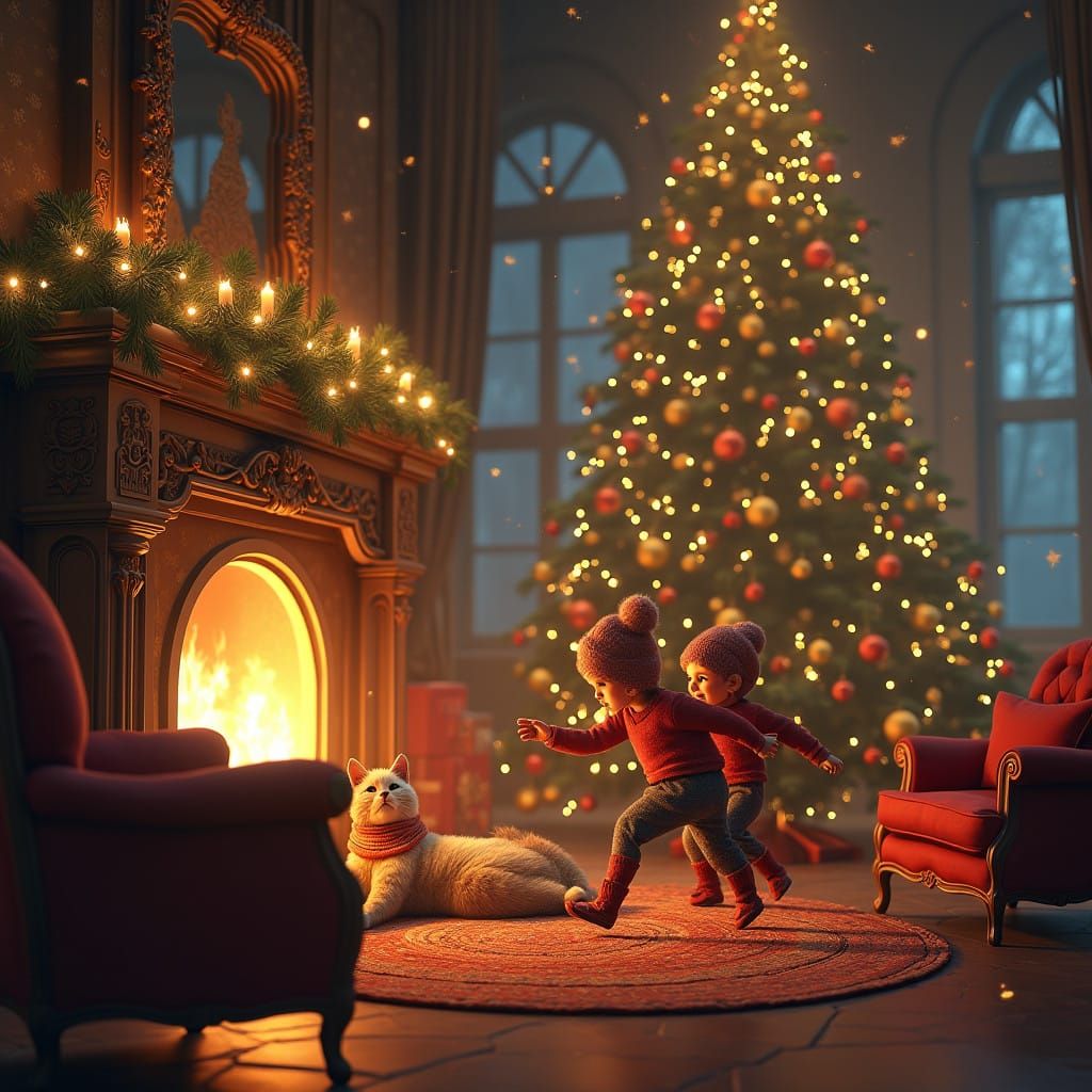 Whimsical Winter Wonderland Scene with Cat and Children