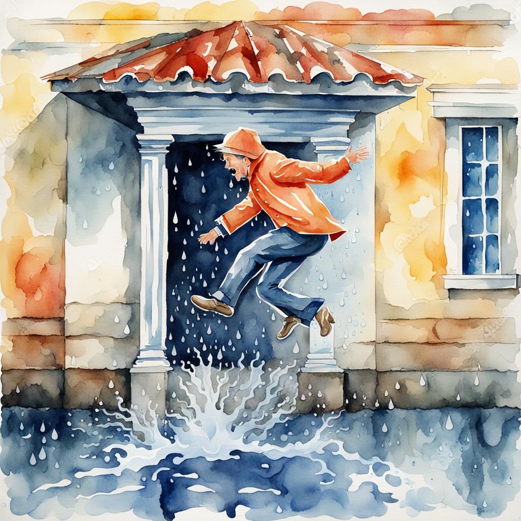 Humorous Watercolor: Man Jumps from Rainy Eaves