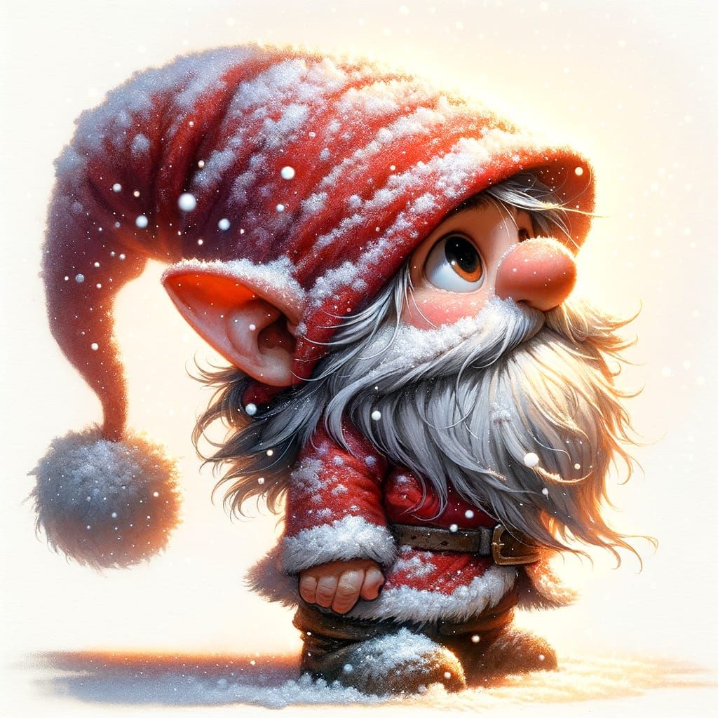 Whimsical Gnome in Santa Suit, Enchanted by Snowflakes