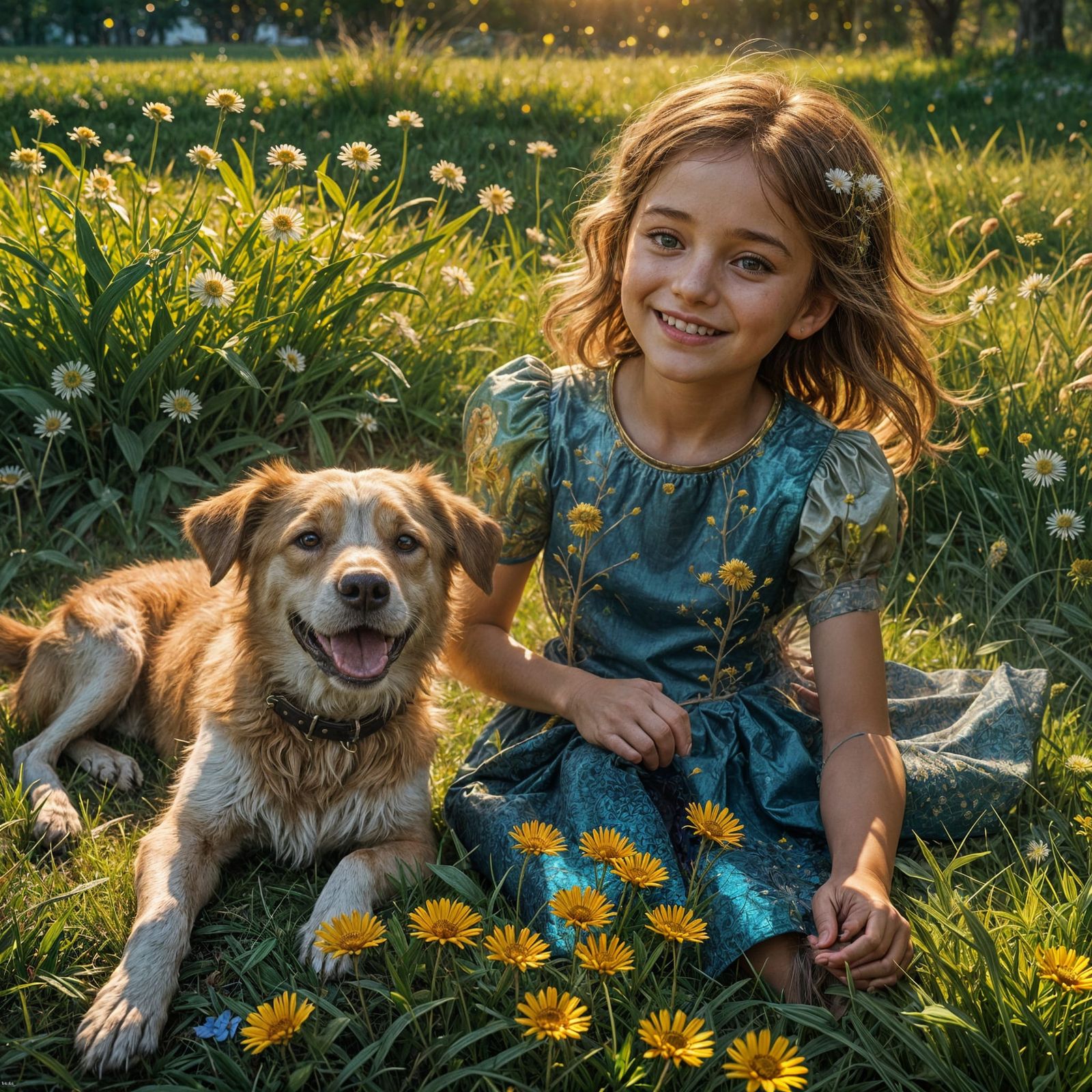 Magical Realism: Girl and Dog in Golden Light