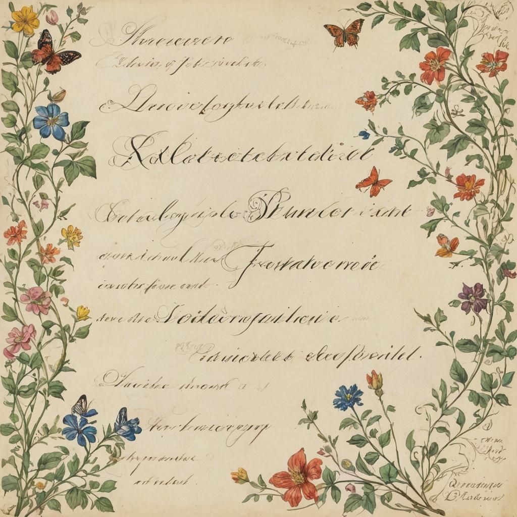 French Script Calligraphy with Flowers and Butterflies