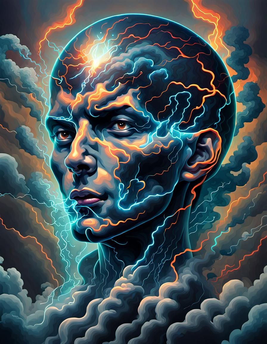 Pop Art Ghost Head with Lightning and Smoke