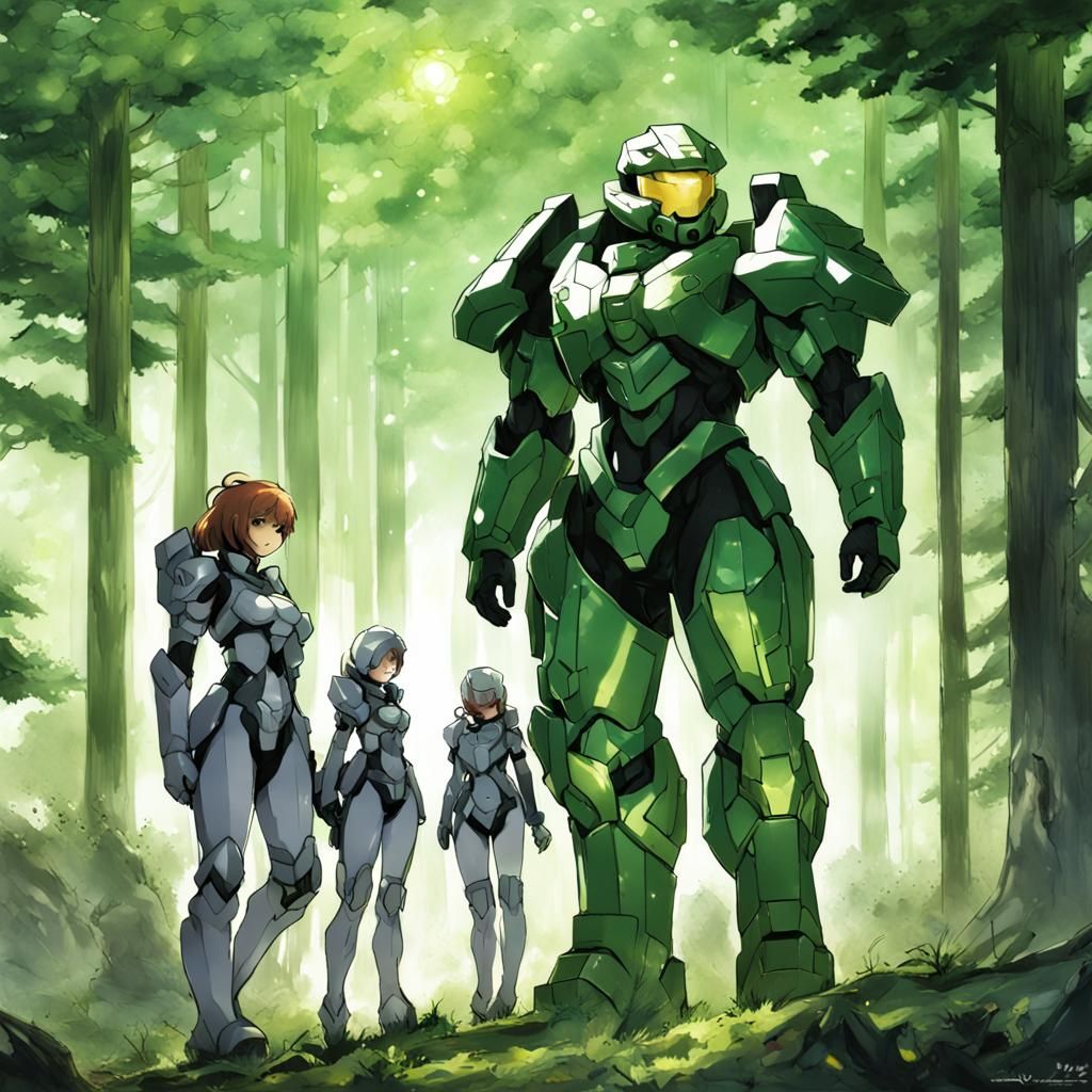 Crystal Golem Spartan in Anime Style Forest