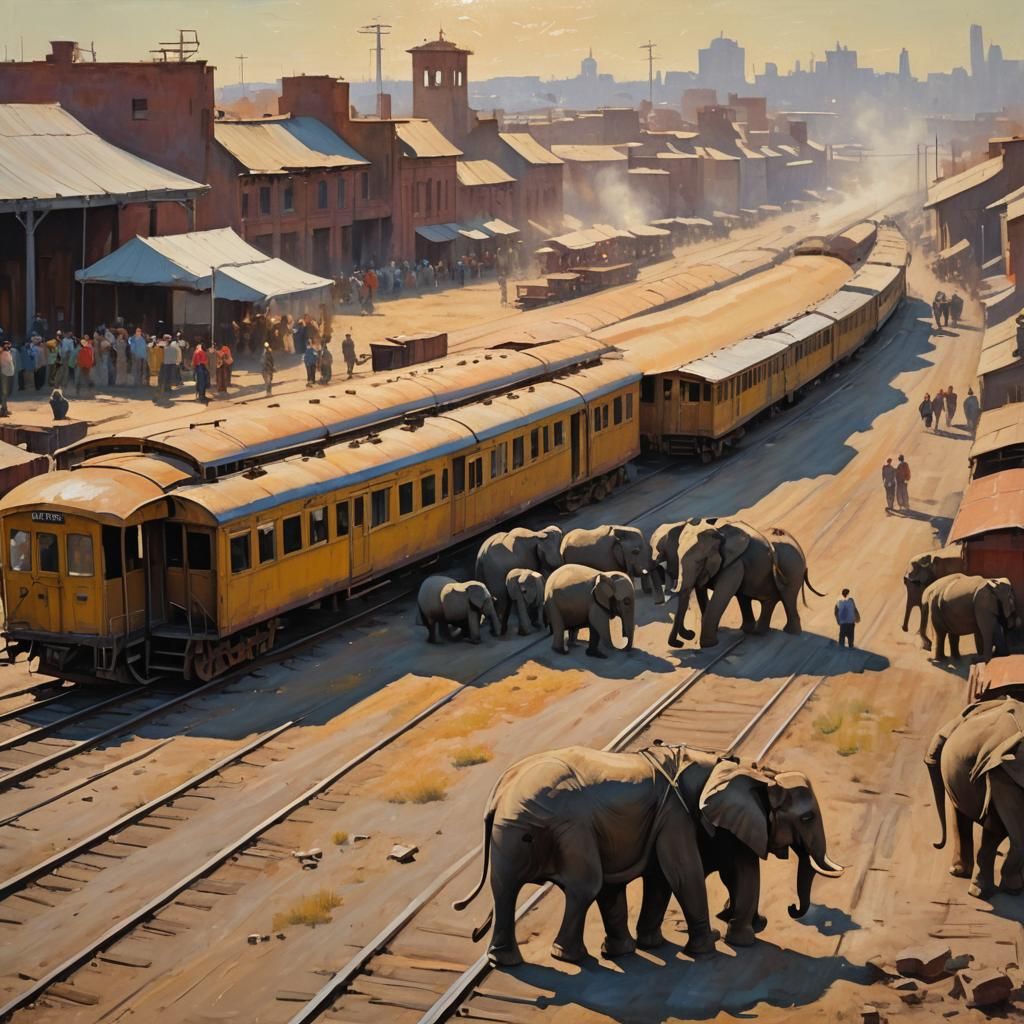 Elephants Pulling Circus Train: Impressionist Oil Painting