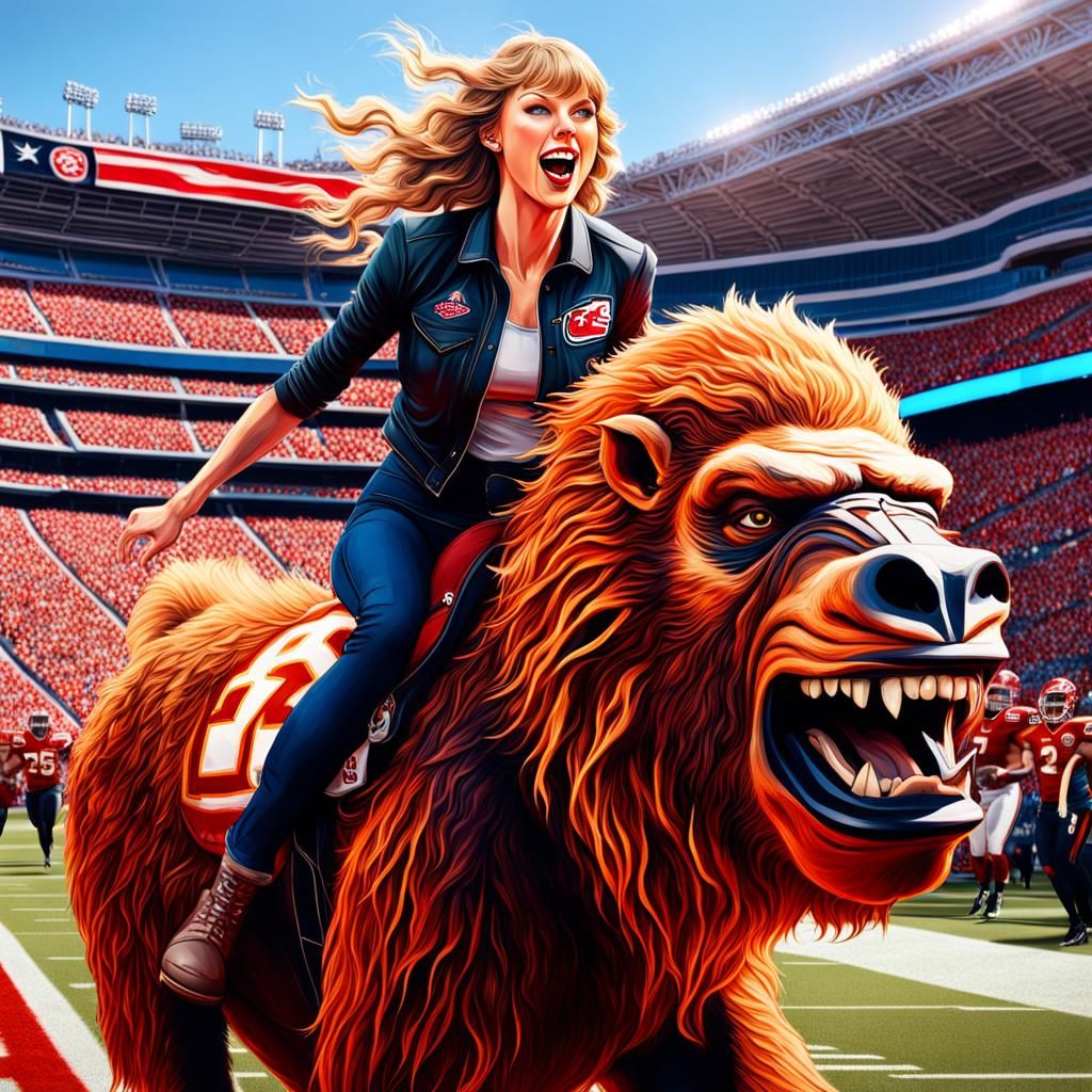 Taylor swift laughs while riding piggyback on Sasquatch; they run through the Chiefs NFL football stadium Hyperrealistic...
