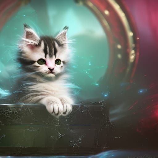 Cute Kitten Inside Gift Box, Digital Art