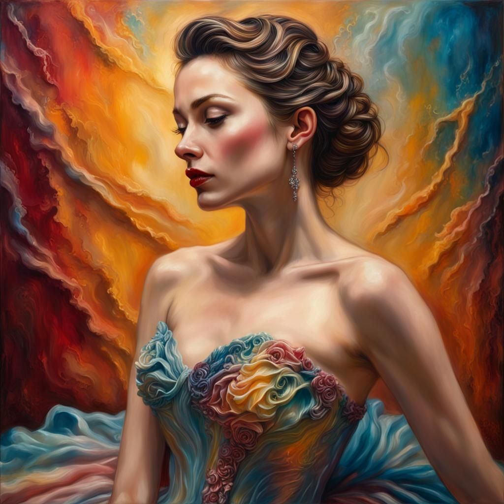 Lady in Encaustic Ballgown: Hyperrealistic Digital Art