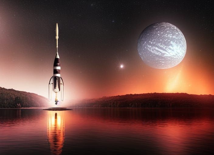 Moonlit Rocket Launch Through Cosmic Nebula