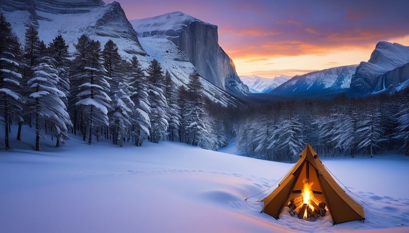 A Worn Tent Hangs Precariously on a Snowy Cliffside