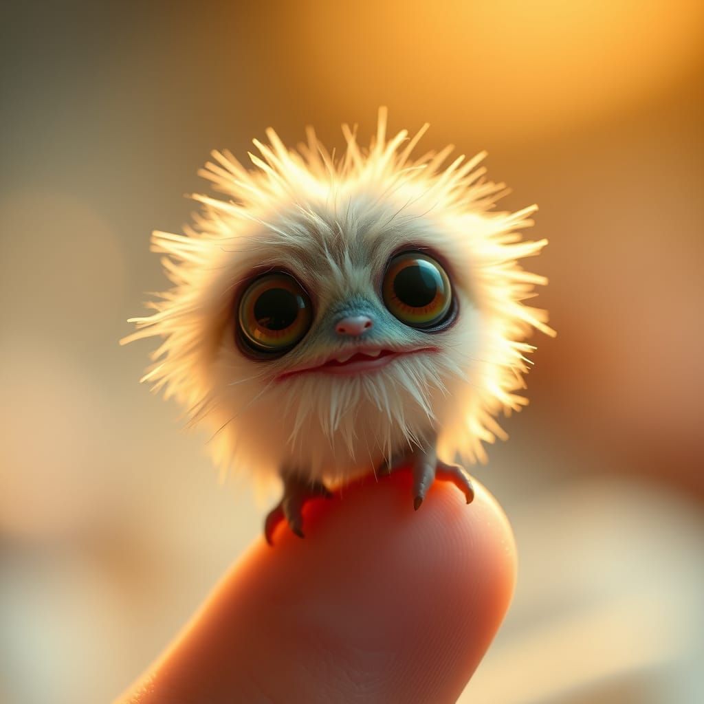 Adorable Fluffy Monster on a Finger in Pastel Colors