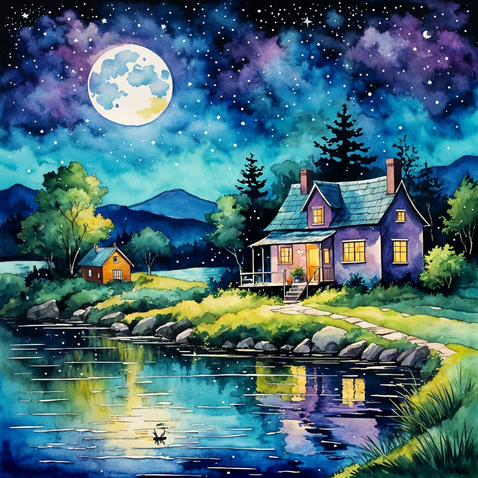 Enchanting Watercolor Cottage Scene Under Starry Skies