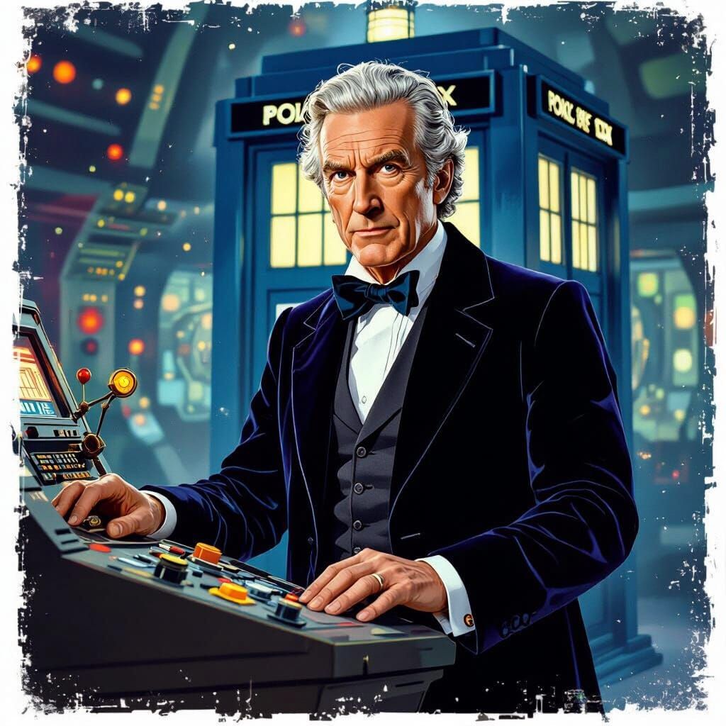 First Doctor at TARDIS Console in Retro Sci-Fi Style