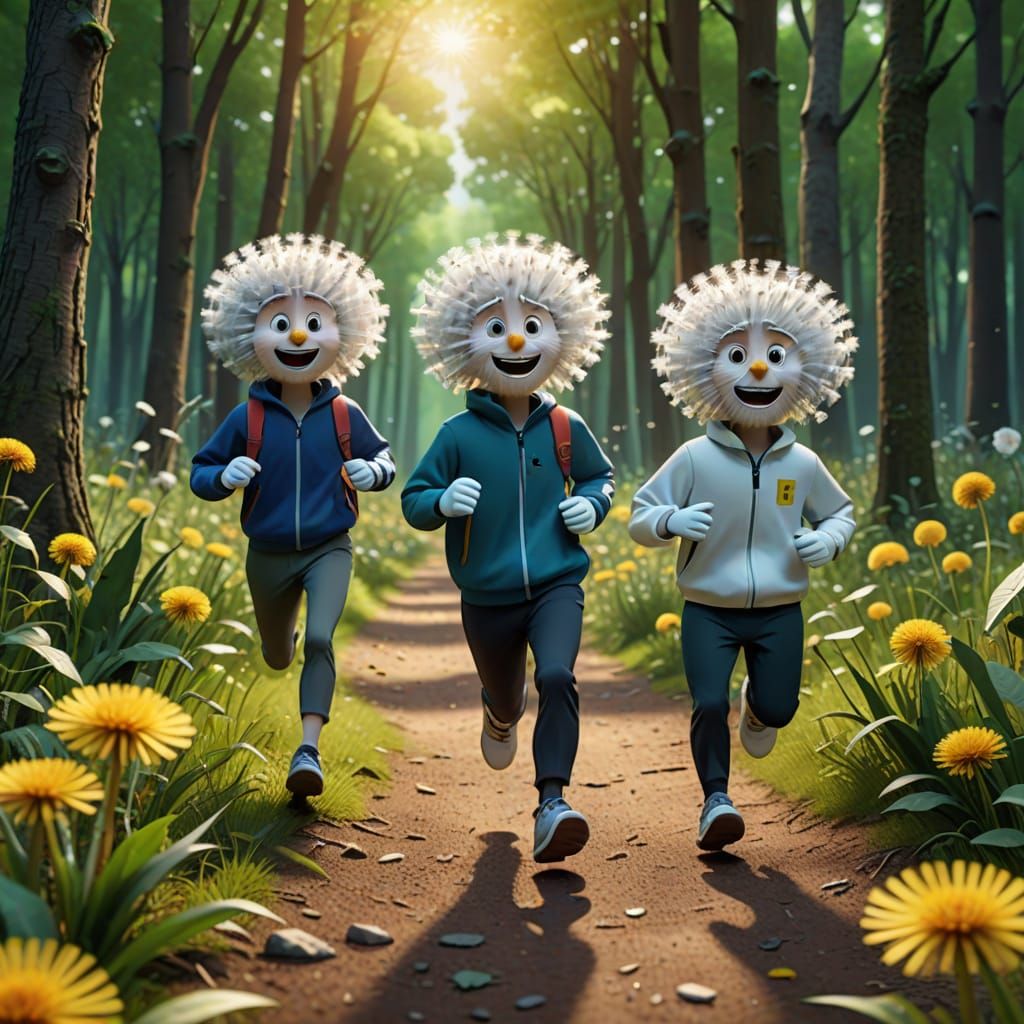 Animated Dandelions Run Marathon: 3D Digital Art