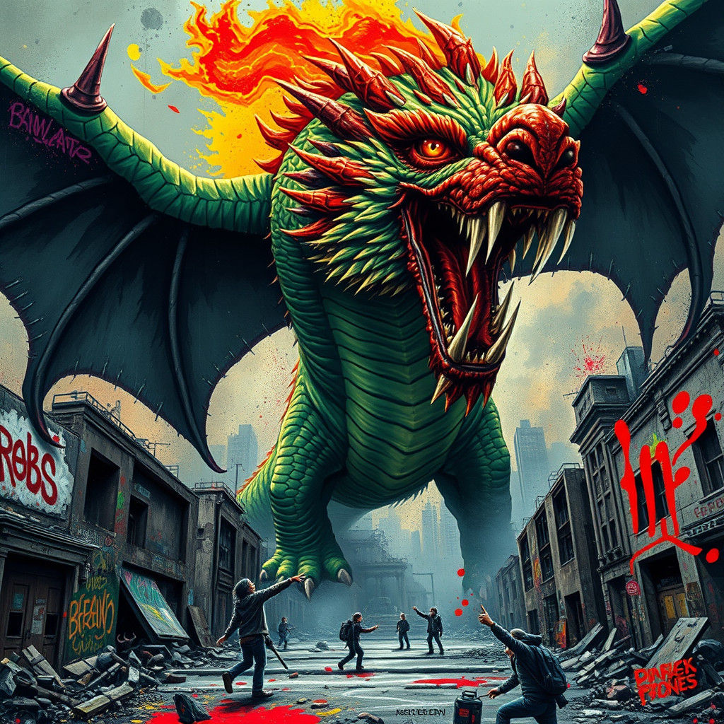 Green Dragon Over Desolate City, Fusion Art