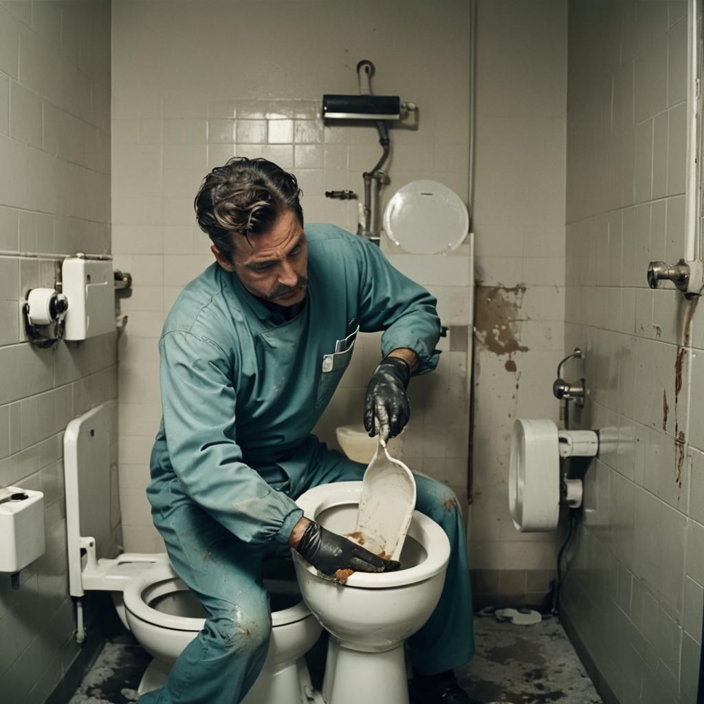 Gritty Janitor in Harsh 35mm Lighting