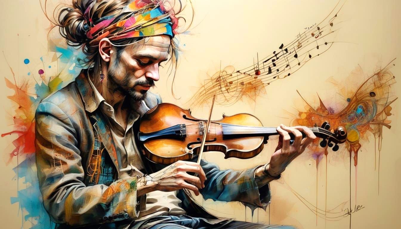 Exotic Fractal Street Musician: Watercolor Abstract