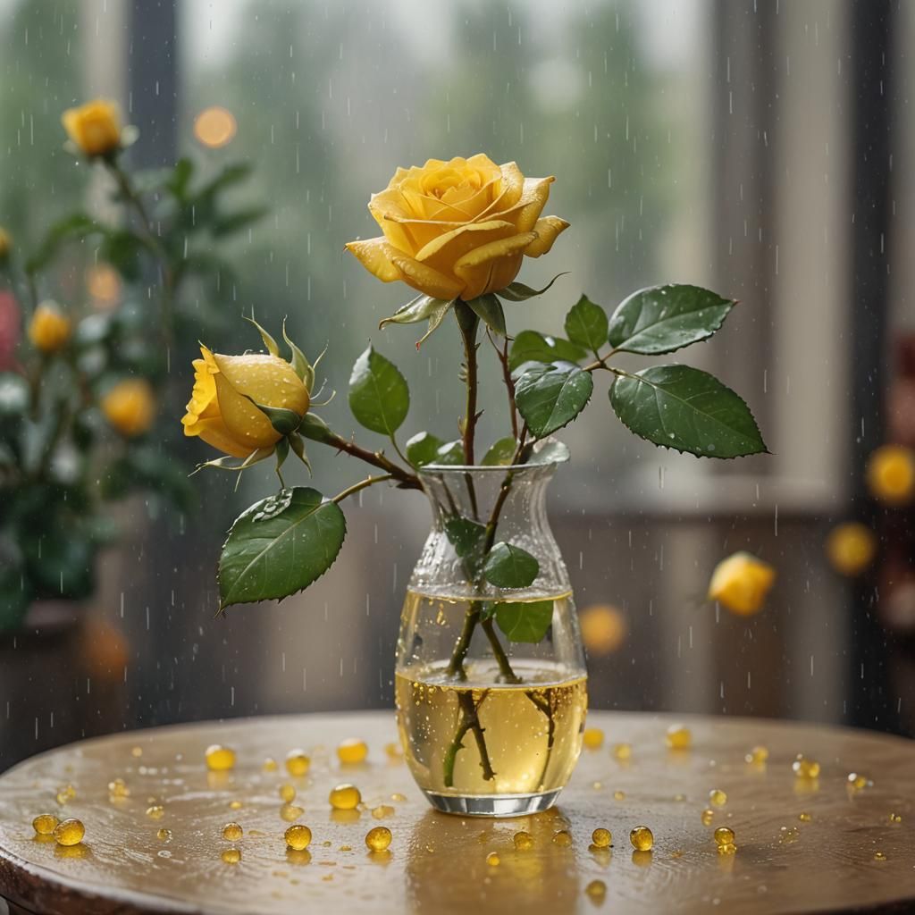 Yellow Rose with Bud in Vase: Digital Matte Painting