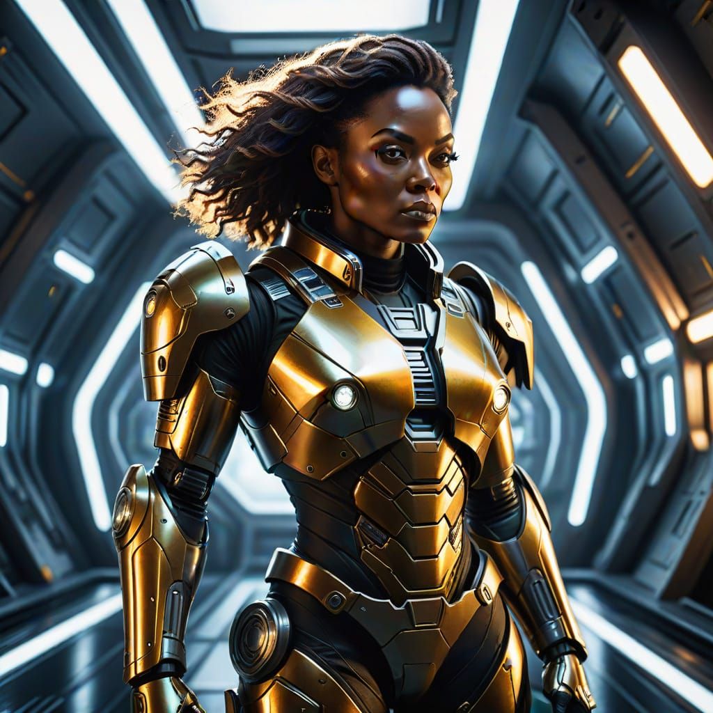 Confident Black Space Pilot in Metallic Armor