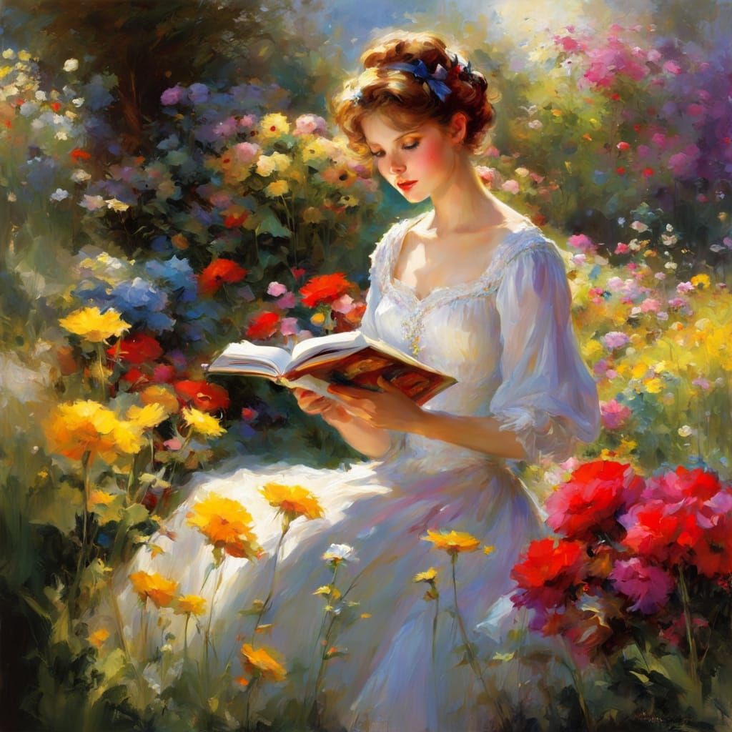 Woman Reading in Garden, Anime and Daeni Style