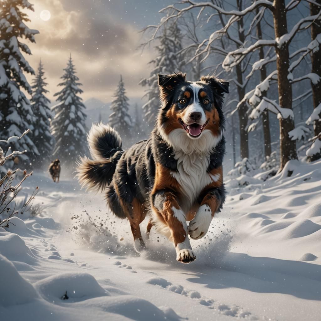 Australian Shepherd Runs Through Winter Snowscape