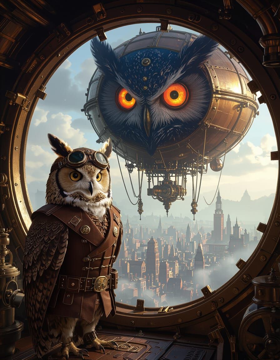 Steampunk Owl Captain in Airship Engine Room