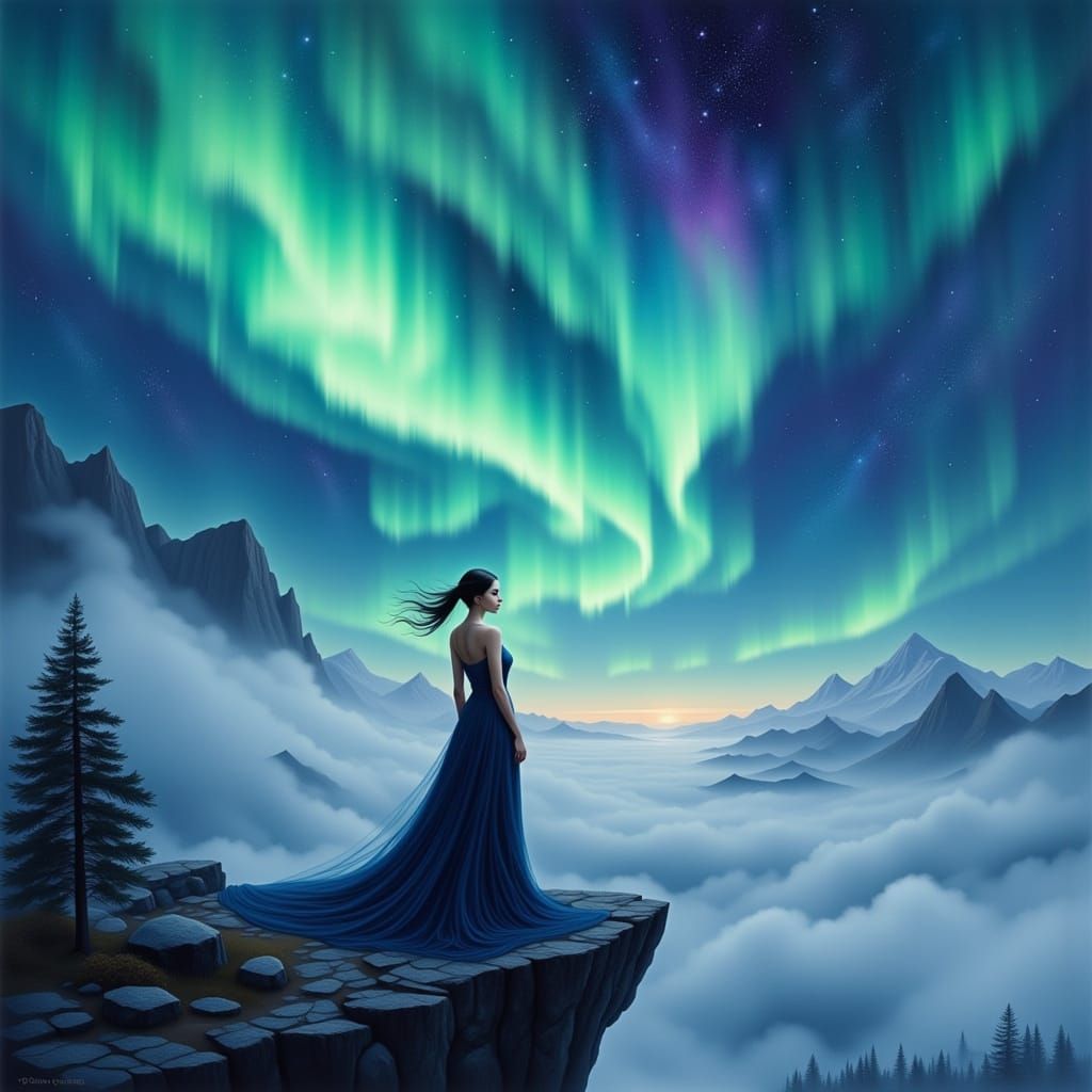 Elegant Woman Under Aurora Borealis, Digital Art