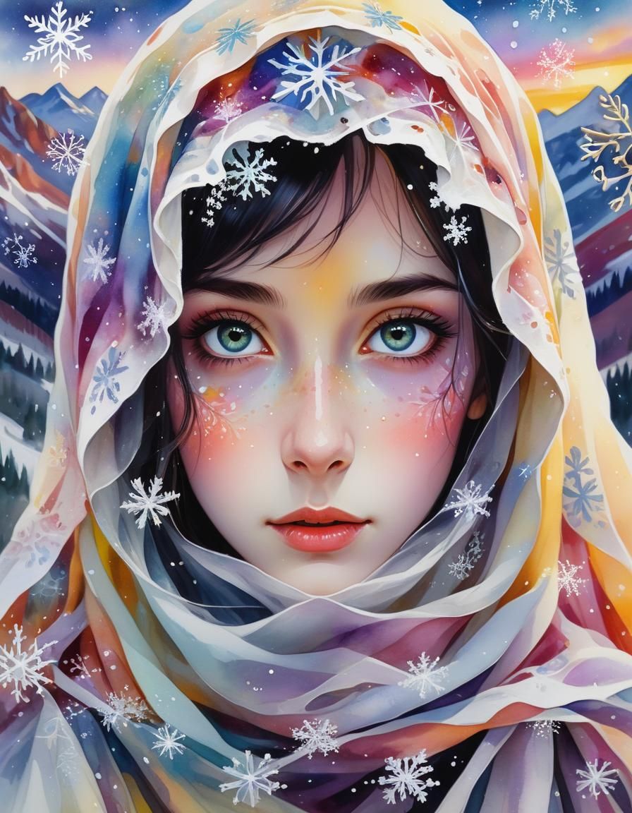 Gothic Woman in Snowy Mountain Landscape: Oil Painting